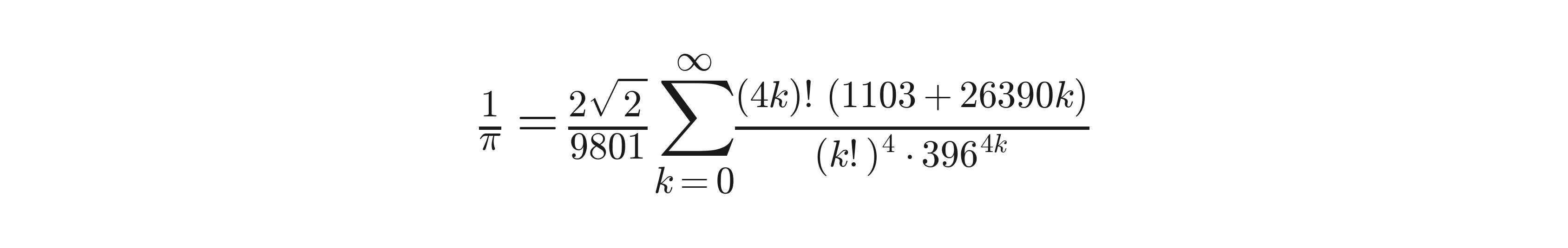 Ramanujan's classic reciprocal identity, in the form most textbooks present it.