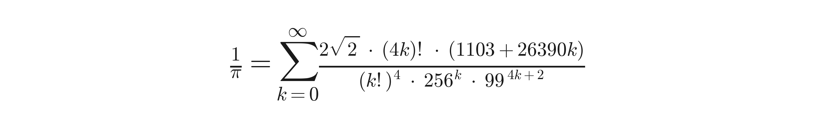 The maximally 99-explicit form, written for 1/π. Compare with the 1/τ version above — the only change is the factor of 2 in the numerator.